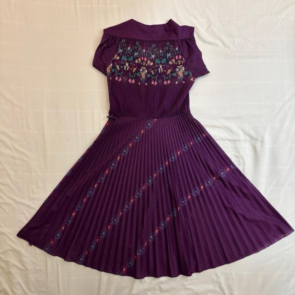 Purple Floral Midi Dress with Micro Pleated Skirt Vintage‎ 70s - Picture 8 of 8